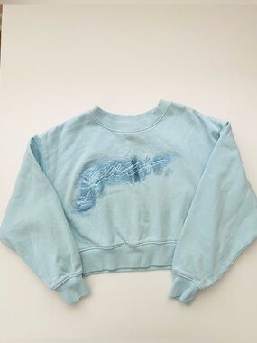 Guess Pastel Blue Cropped Pullover Sweater Crewneck Oversized Cotton Logo Small